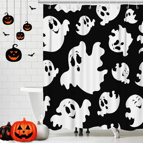 Miniatura 5 de Bonita cortina de ducha de Halloween, fantasmas divertidos y espeluznantes, juego de cortina de ducha de poliéster blanco y negro con 12 ganchos