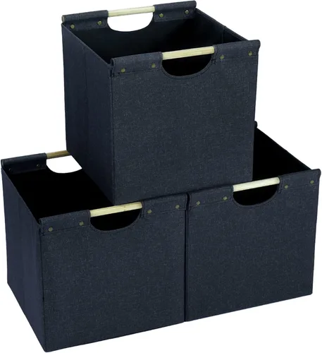 Miniatura 9 de HOONEX Contenedores de almacenamiento plegables, cubos de almacenamiento de tela de lino de 12 x 12 x 12 pulgadas, paquete de 3, cestas