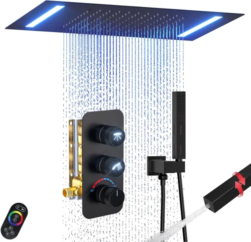 Miniatura 15 de Enga Sistema de cabezal de ducha doble, cabezal de ducha LED de lluvia de 14 x 20 pulgadas con cabezal de pared de 6 pulgadas, juego de grifo de Oro