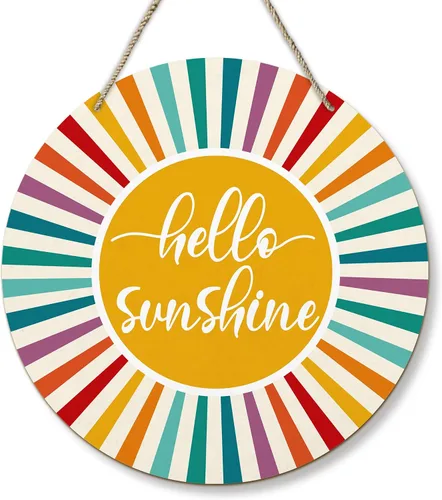 PHAMTE Boho Sunshine Round Wreath Sign, Colorful Boho Sunray Modern Wall Hanging Plaque Wood Sign, Mid Century Abstract Sunshine Decor Decorations