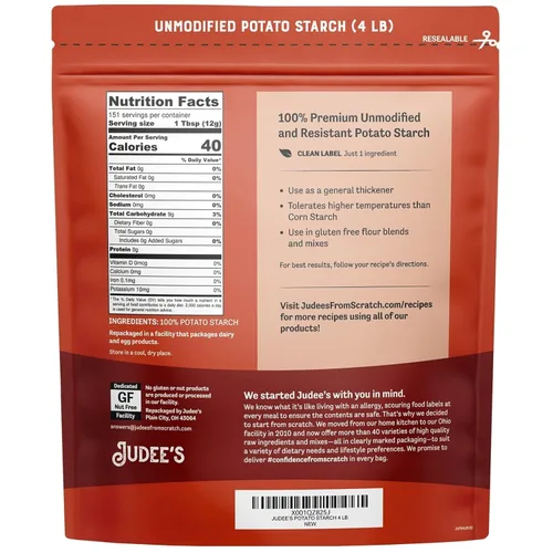 Miniatura 2 de Judee's - Almidón de patata sin modificar de 4 libras, solo un ingrediente, ideal para empanar, engrosar, cocinar y hornear, 100% sin OMG, sin