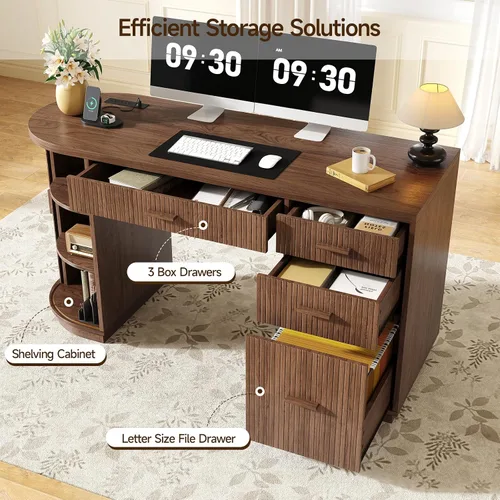 Miniatura 4 de ONBRILL Escritorio ejecutivo acanalado de 58 pulgadas, escritorio para computadora con cajones de almacenamiento y cajón de archivos, moderno Nogal