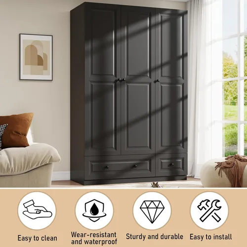 Miniatura 4 de Armario Armario con cajones: Armario de madera alto negro de 74 pulgadas para colgar ropa, Armarios grandes para dormitorio con 2 cajones, armario