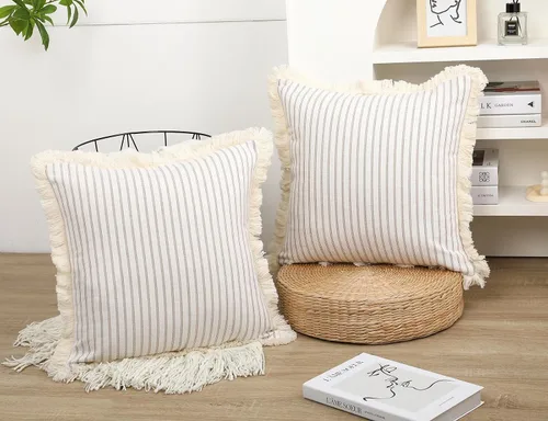Miniatura 2 de NUYECY Juego de 2 fundas de almohada bohemias de color caqui de 18 x 18 pulgadas, almohada neutra de algodón con flecos de borlas, funda de cojín
