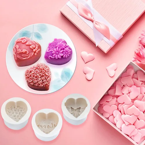 Miniatura 5 de 4 moldes de silicona para fondant para el día de San Valentín, en forma de corazón 3D con forma de corazón de flor de rosa de amor para Acción
