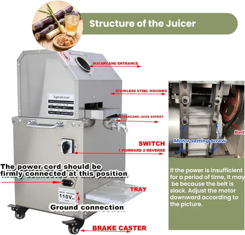 Miniatura 4 de Máquina eléctrica de escritorio de 110 V 750 W, máquina de jugo de caña de azúcar, 3 rollos de acero inoxidable, extractor de exprimidor de caña