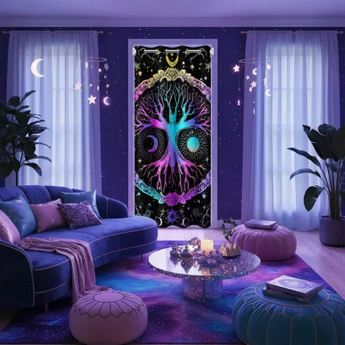 Homewish Cortina de puerta de árbol de la vida azul y morado, cortina exótica para puerta de armario, puerta de armario, plantas silvestres