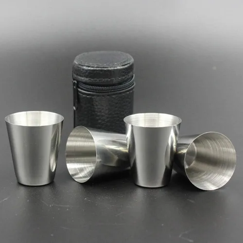 Miniatura 8 de 4 vasos de chupito de acero inoxidable de 1.0 fl oz (1 onza), vaso de chupito con una funda de transporte de piel sintética negra, para acampar al