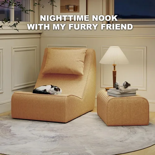 Miniatura 9 de Silla Puf Gigante para Adultos, Tumbona de Pana con Soporte Inigualable para la Espalda, Almohada Cervical Desmontable, Otomana Cómoda y Funda