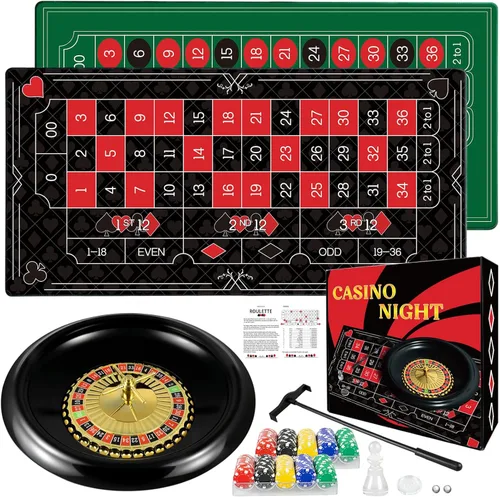 El juego de rueda de ruleta de 16 pulgadas incluye rueda de ruleta negra, 2 alfombrillas de juego de goma antideslizante de 47.2 x 23.6 pulgadas,