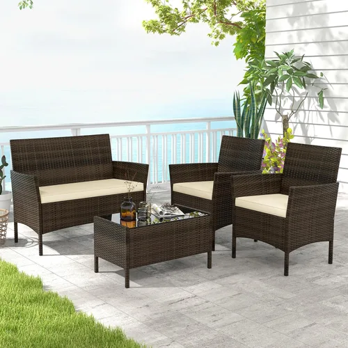 Miniatura 3 de HAPPYGRILL Juego de 4 muebles de mimbre para exteriores, juego de muebles de mimbre para patio con sillas de dos plazas y mesa de café de vidrio