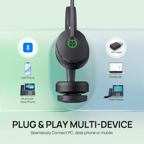 Miniatura 6 de Yealink WH68 Hybrid DECT 6.0 & Bluetooth - Auriculares inalámbricos con soporte de carga, auriculares de oficina ANC de grado empresarial, rango