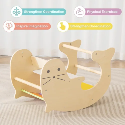 Miniatura 8 de Olakids Arco de escalada para niños pequeños, 3 en 1 de madera para niños, juguete de caballo mecedor escalador, mesa de juego para bebé, Pikler