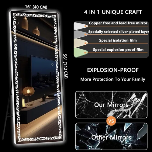 Miniatura 3 de Hasipu Espejo LED de Cuerpo Entero de 57" x 16" pulgadas, Espejo de Cuerpo Entero con Luces, Patrón de Flores de Póquer, Espejo de Pared