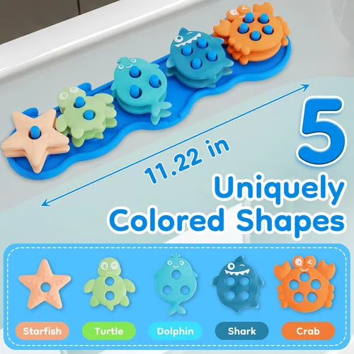 Miniatura 3 de Juguetes de baño para bebés, juguetes de baño de silicona para clasificar y apilar formas sin moho para niños de 1 a 3 años con 10 bonitas piezas