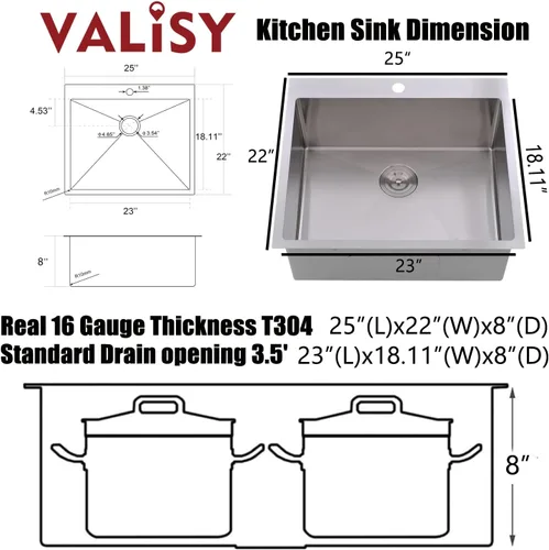 Miniatura 5 de Fregadero de cocina empotrable de 25 x 22 pulgadas, fregadero de cocina de acero inoxidable níquel cepillado de montaje superior de un solo Blanco