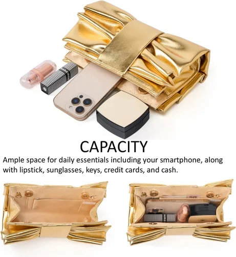 Miniatura 5 de Elegante bolso de mano con lazo para mujer, suave y plisado, bolsa de noche de poliuretano con cadena desmontable para fiesta de graduación, boda