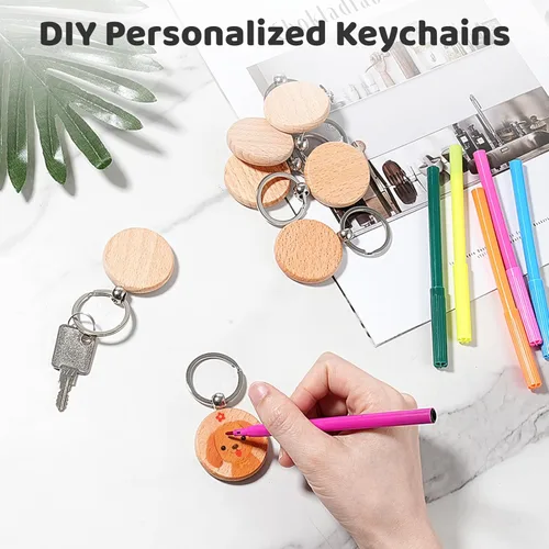 Miniatura 5 de BATTIPAW Llavero de madera en blanco para manualidades personalizadas, llavero redondo de madera en blanco para llaveros de bricolaje, colgantes
