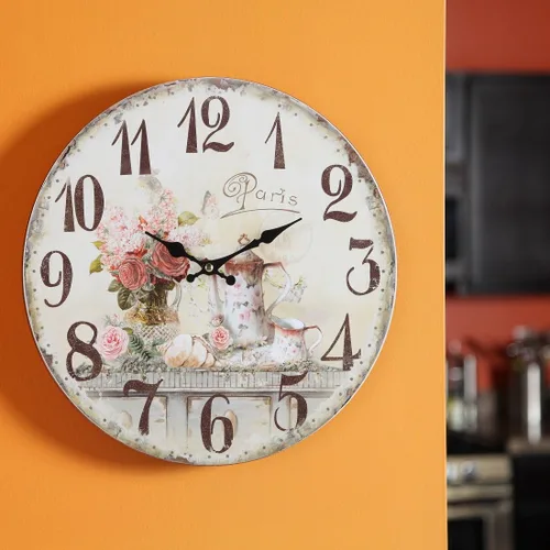 Miniatura 2 de Lily's Home Reloj de pared vintage de cocina francesa, fabricado con un hermoso diseño envejecido e ilustración de la hora del té francés