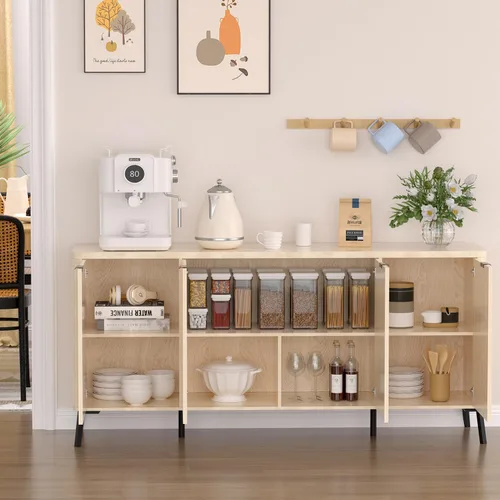 Miniatura 5 de Armario buffet, aparador grande de 63 pulgadas con almacenamiento, aparador moderno acanalado con 4 puertas, gabinete de almacenamiento de madera