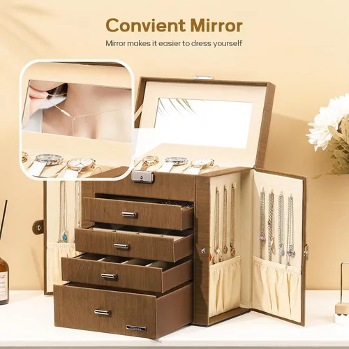 Miniatura 7 de Homde Caja de joyería enorme de cuero sintético, organizador de reloj con espejo, collar, anillo y aretes, caja de regalo con cerradura (marrón)