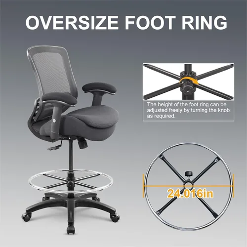 Miniatura 6 de Silla de dibujo de oficina de 400 libras, cojín de asiento doble ancho para escritorio de alto pie con soporte lumbar y reposapiés ajustable Negro