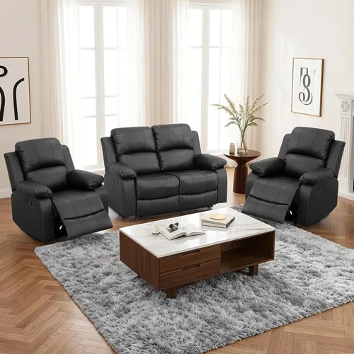Faux Leather Manual Recliner Sofa Set, 3 Piece Living Room Furniture Set, Loveseat Reclining Couch and 2 Recliner Chairs for RV Home Theater (Black)