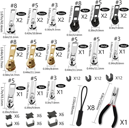 Miniatura 2 de Kit de reparación de cremallera de 105 piezas #3#5#8, reemplazo de cremallera con alicates de instalación para reparar abrigos, chaquetas, tiendas
