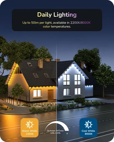 Miniatura 4 de EDISHINE Luces permanentes inteligentes para exteriores de 120 pies, 80 luces LED RGB+IC, aplicación/voz/control remoto, 50 modos de escena