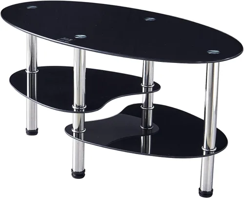 Miniatura 5 de Mesa de té de vidrio ovalada para oficina, mesa de centro moderna de 3 niveles, mesa auxiliar para sala de estar (negro)