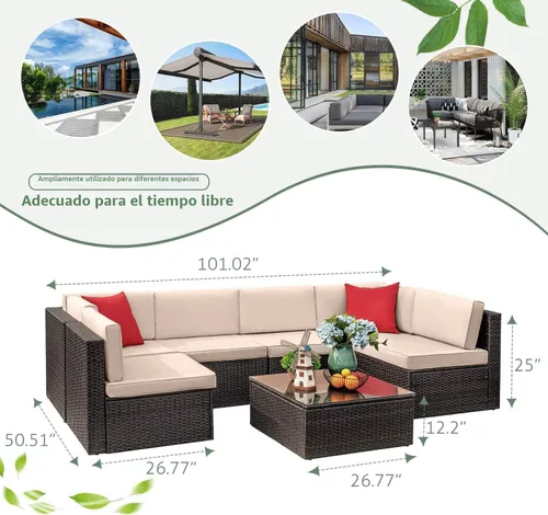 Miniatura 6 de Devoko Juego de 7 muebles seccionales para exteriores para sofá de patio, tejido manual, mimbre de mimbre, juegos de conversación para patio