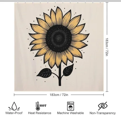 Miniatura 6 de YLATY2371 - Cortina de ducha con diseño de girasoles para baño, pétalos florales amarillos, hojas negras, juego de cortina de ducha bohemia, tela