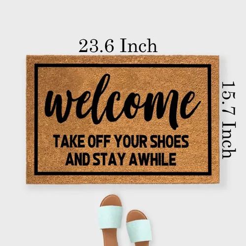 Miniatura 3 de Tapete divertido de fibra de coco con texto en inglés "Welcome Take Off Your Shoes and Stay Awhile", tapete para puerta delantera, entrada al aire