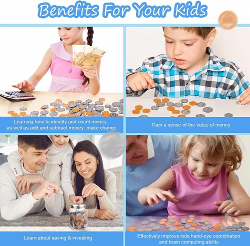 Miniatura 4 de Juego de monedas de dinero para niños, 250 monedas de dinero falsas detalladas con frasco, juego de monedas de dinero falsas de enseñanza realista