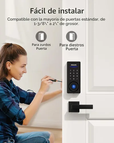 Miniatura 9 de Philips Juego de cerradura de puerta delantera, cerradura electrónica de huellas dactilares con 2 manijas de palanca, cerradura de puerta de entrada