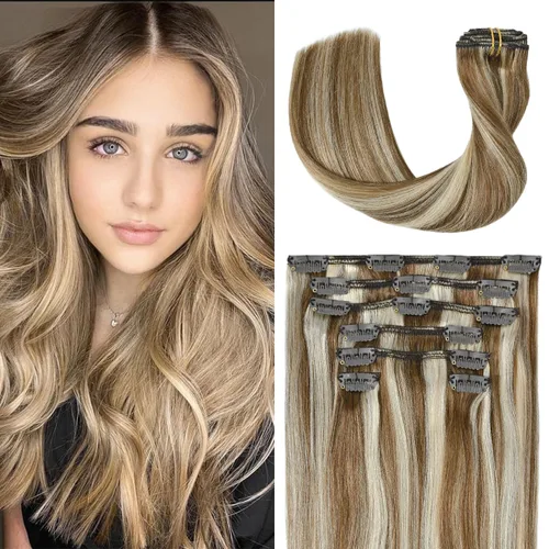 Miniatura 31 de UGOTRAYS Extensiones de cabello humano real de color rubio fresa a rubio decolorado, 12 pulgadas, lacio, doble trama, cabello Remy con clip, 2.47