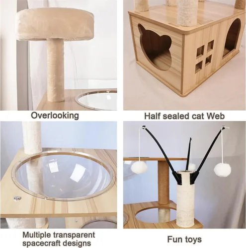 Miniatura 5 de Árbol de madera para gatos de 66.8 pulgadas con condominio para gatos, escaleras para gatos, 3 cuencos, juguetes, postes rascadores de sisal