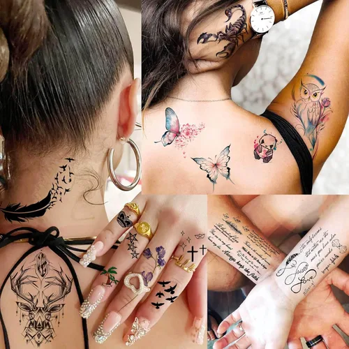 Miniatura 7 de Bilizar 56 hojas de tatuajes temporales de acuarela, búho, tigre, león, para mujeres y hombres, arte corporal, muslo, brazo y muslo, 3D de larga