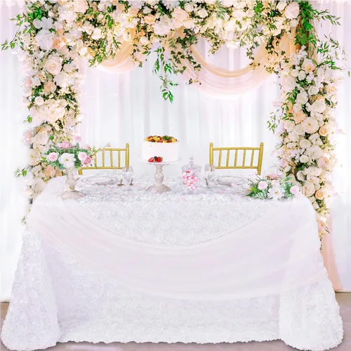 Miniatura 9 de QueenDream Mantel de roseta dorada de 90 x 132 pulgadas, mantel floral rústico para bodas, fiestas de cumpleaños, eventos y decoración