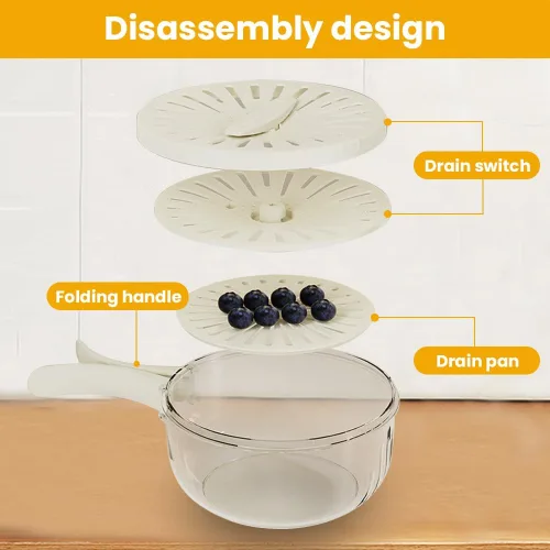 Miniatura 4 de Cuenco multifuncional para lavar frutas y verduras, cuenco para lavar frutas con colador, recipiente con tapa, escurridor de frutas con asa para 2