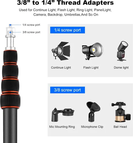 Miniatura 4 de Soonpho Soporte de luz portátil ajustable de fibra de carbono de 7 pies con trípode reversible de 180°, altura máxima de 86.5 pulgadas para cámara