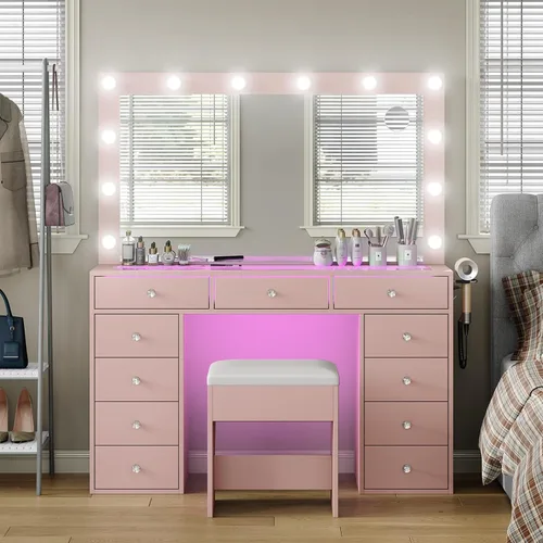 Miniatura 15 de Escritorio negro con espejo iluminado y toma de corriente, mesa de tocador de 11 cajones con silla, tocador de maquillaje con 11 bombillas