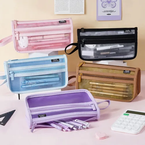Miniatura 7 de Four Candies - Estuche de malla con asa y cremallera, de doble capa para lápices, maquillaje de viaje, bonita bolsa organizadora de papelería, Marrón