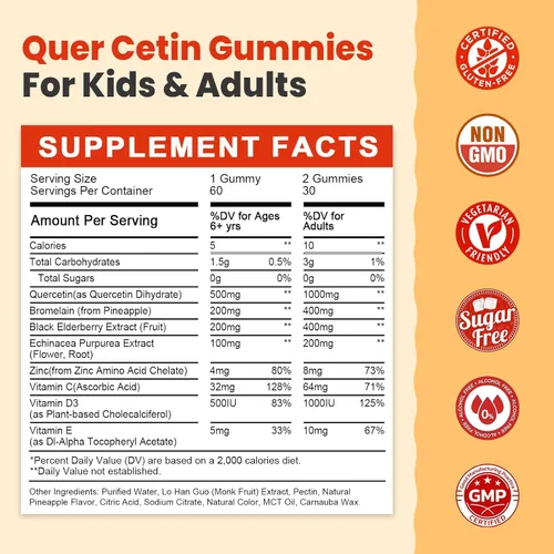 Miniatura 2 de Gomitas de quercetina sin azúcar con bromelina para niños y adultos, inmune, antioxidante, apoyo estacional, 1000 mg de quercetina suplementos