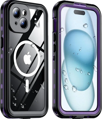 Funda magnética para iPhone 15 impermeable, protector de pantalla integrado [IP68 bajo el agua] [actualizado militar a prueba de caídas] [compatible