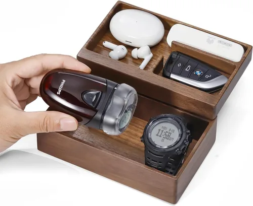 Miniatura 7 de Caja de bandeja de valet, caja de almacenamiento de madera de haya con rotación magnética, organizador de suministros diarios para escritorio