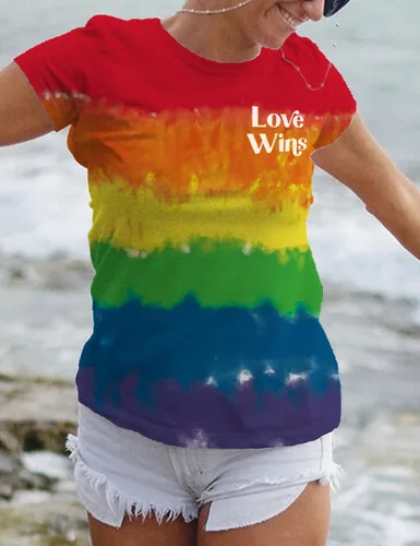 Miniatura 3 de Camiseta de manga corta con texto en inglés "Be You" para mujer, con estampado de arcoíris y texto en inglés "Love Wins