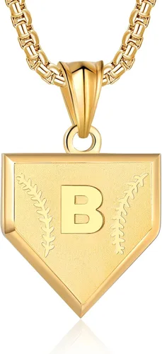 Miniatura 47 de Collar con inicial de la A a la Z para niños, de acero inoxidable, con dije de escudo de letra, cadena de 22 + 2 pulgadas, inspirador de béisbol