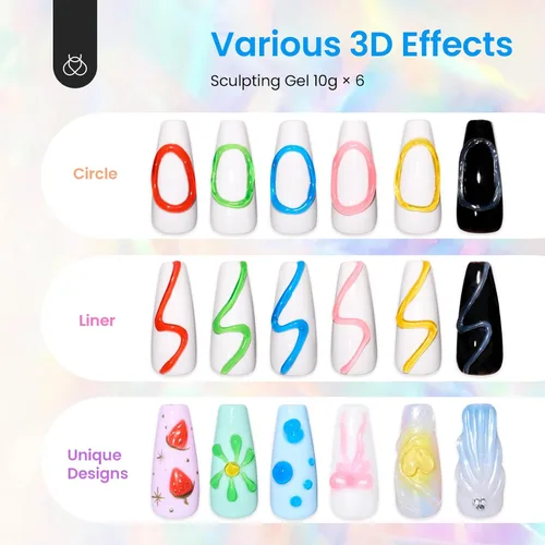 Miniatura 7 de Beetles Gel Escultor 3D Gel para Arte de Uñas - 6 Colores Esmalte de Uñas Sin Limpieza Pegamento para Arte de Uñas con Pedrería para Dibujar Moldear