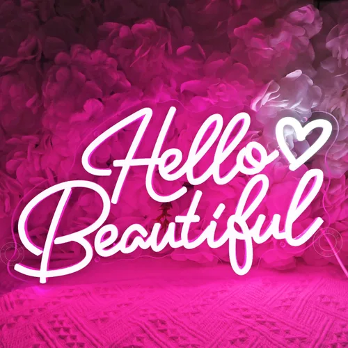 Miniatura 2 de SYLHOME Letrero de luz LED de neón con texto en inglés «Hello Beautiful» con diseño de corazón rosa Hello Gorgeous para dormitorio, boda, fiesta